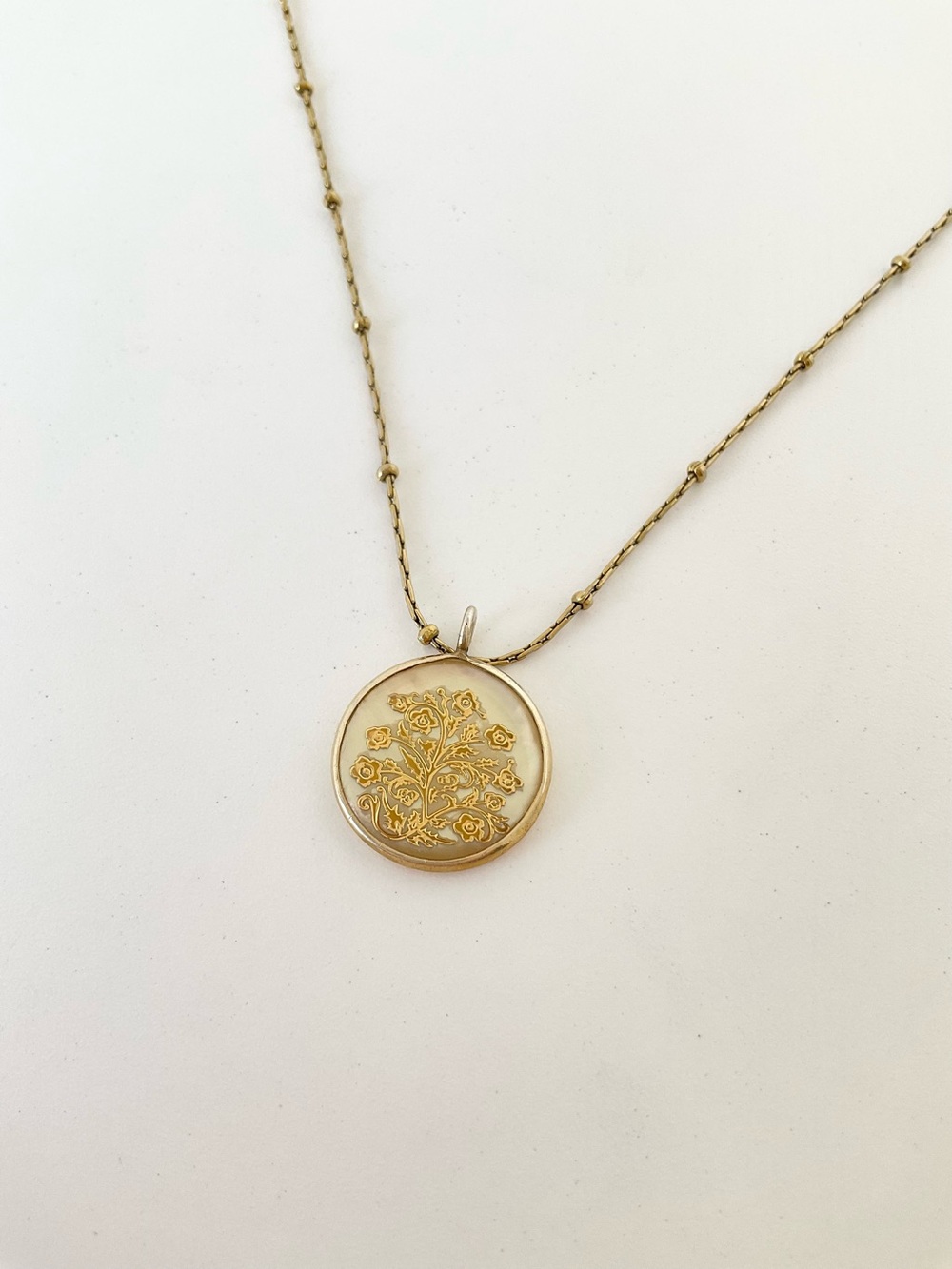 Handcrafted Mother of Pearl Medallion | Tree of Life Pendant, Botanical Necklace